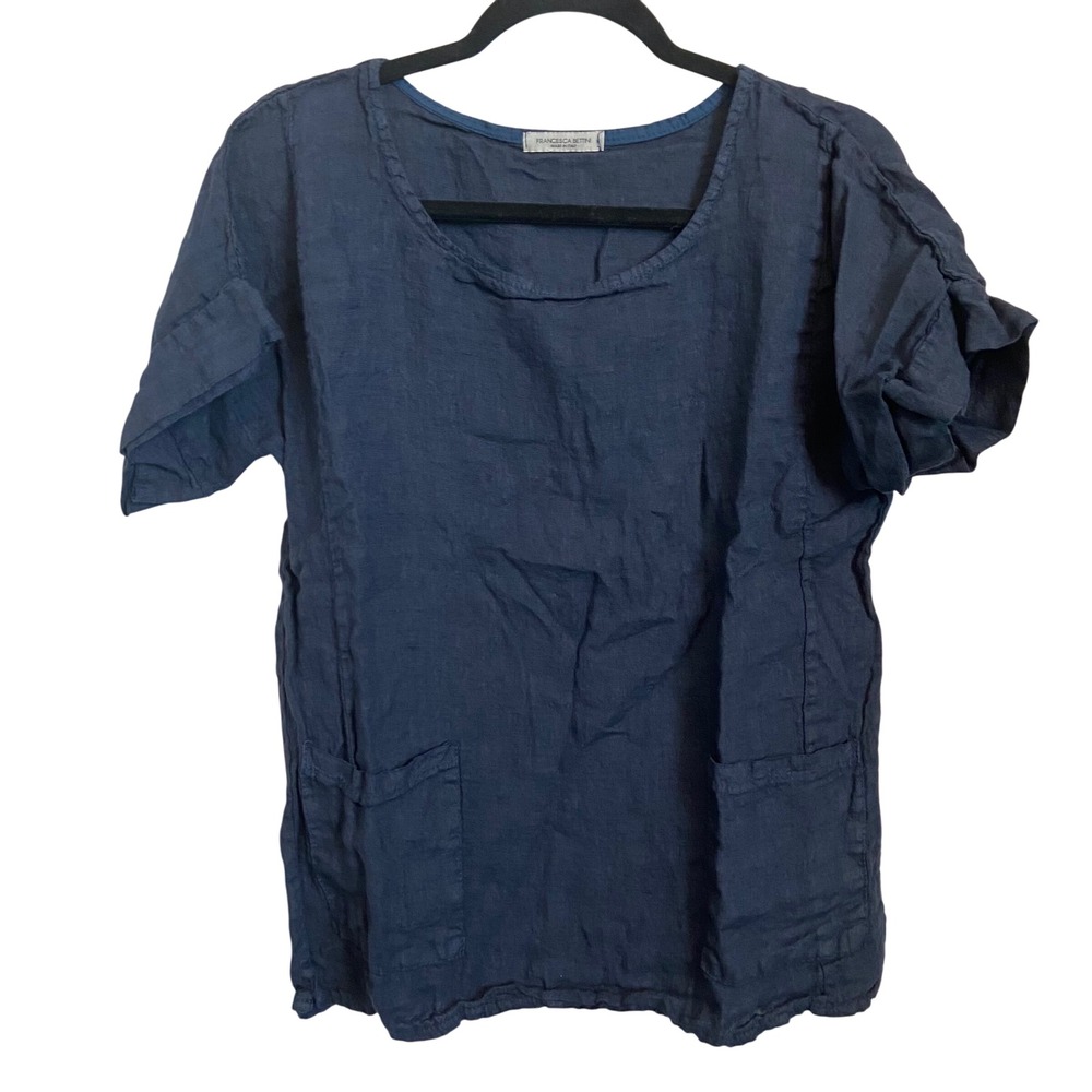 Francesca Bettini Linen Tunic Top, Made In‎ Italy, Navy Blue, Womens Large